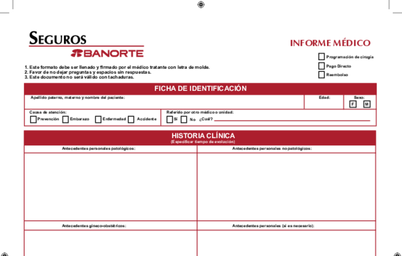 Vista previa del informe médico de Seguros Banorte en blanco