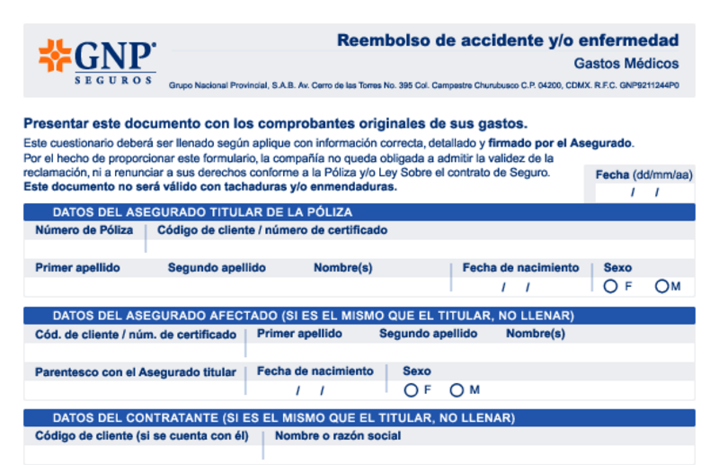 Vista previa del formato de reembolso de GNP Seguros en blanco
