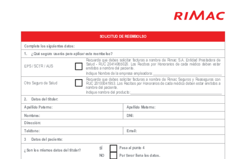 Vista previa del formato de reembolso de Rimac en blanco