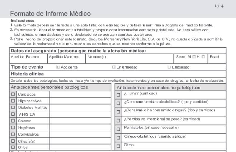 Vista previa del informe médico de Seguros Monterrey New York Life en blanco
