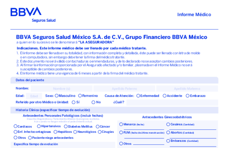 Vista previa del informe médico de BBVA Seguros en blanco