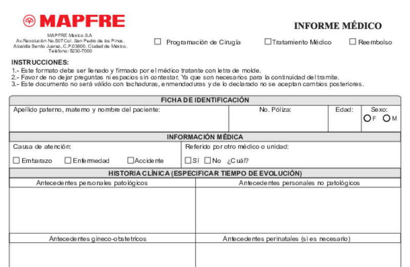 Vista previa del informe médico de MAPFRE en blanco